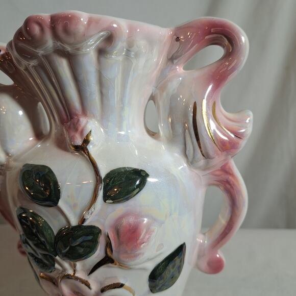 Delicate Hand Painted Porcelain Floral Vase Handles Gold with Pearlized Finish - Picture 3 of 6